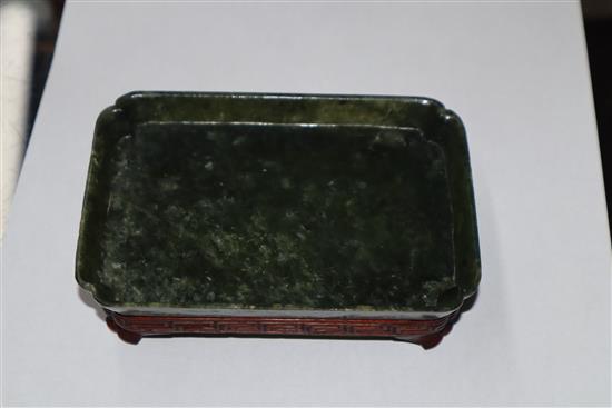 A Chinese spinach jade tray and two other trays (one a.f.)